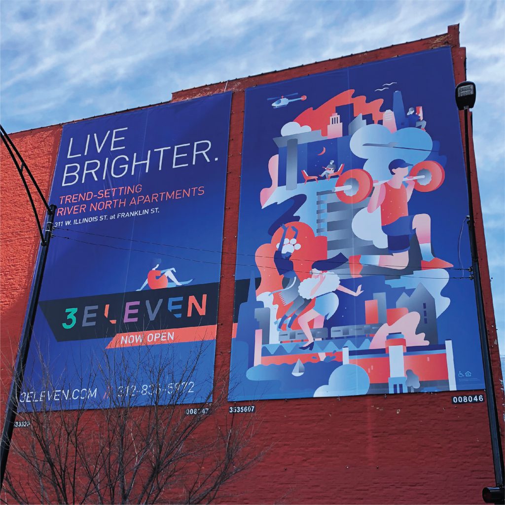 Outdoor advertising campaign for 3Eleven with headline reading "Live Brighter" alongside a vibrant illustration that features coral pink