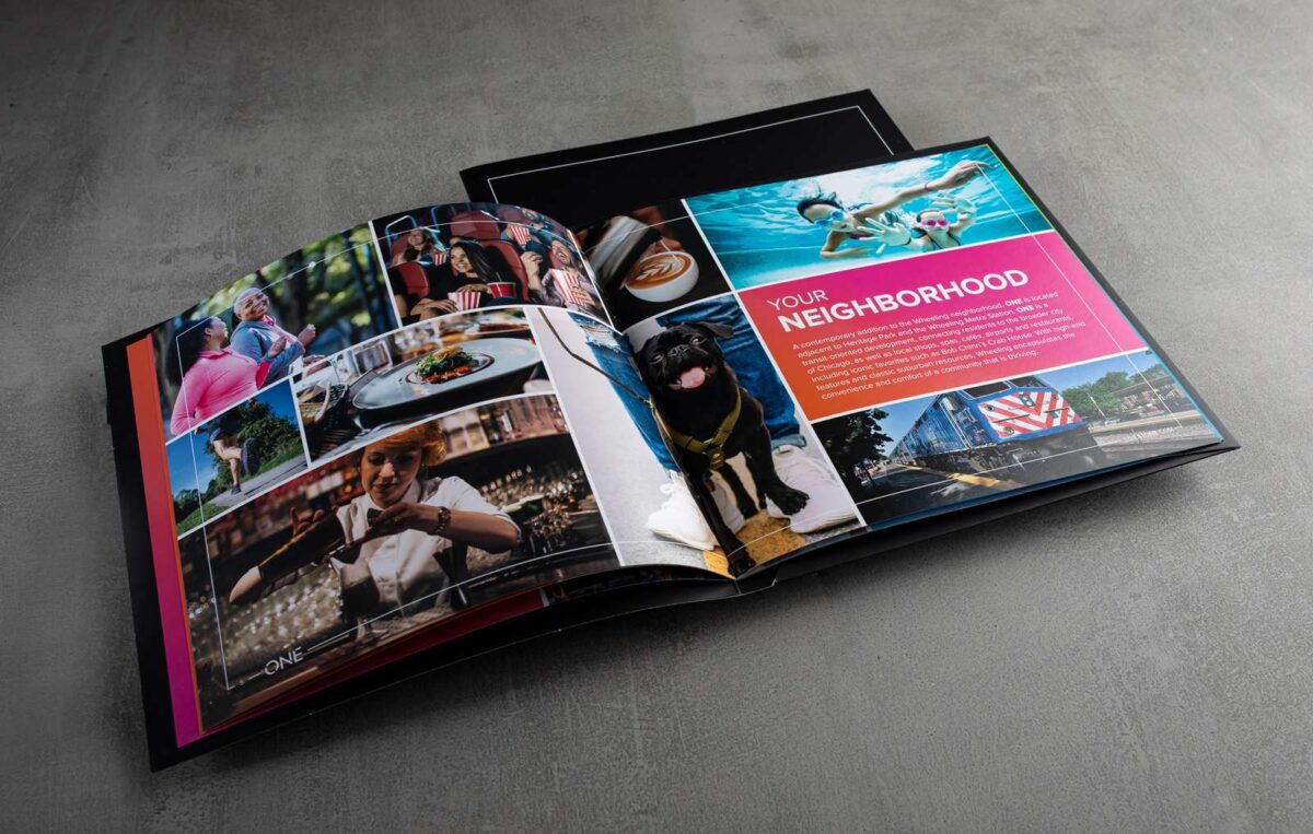 Neighborhood feature spread from print collateral kit design for ONE Wheeling Town Center