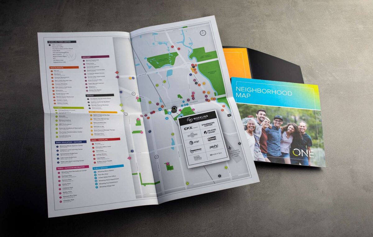 Map foldout spread from print collateral kit design for ONE Wheeling Town Center
