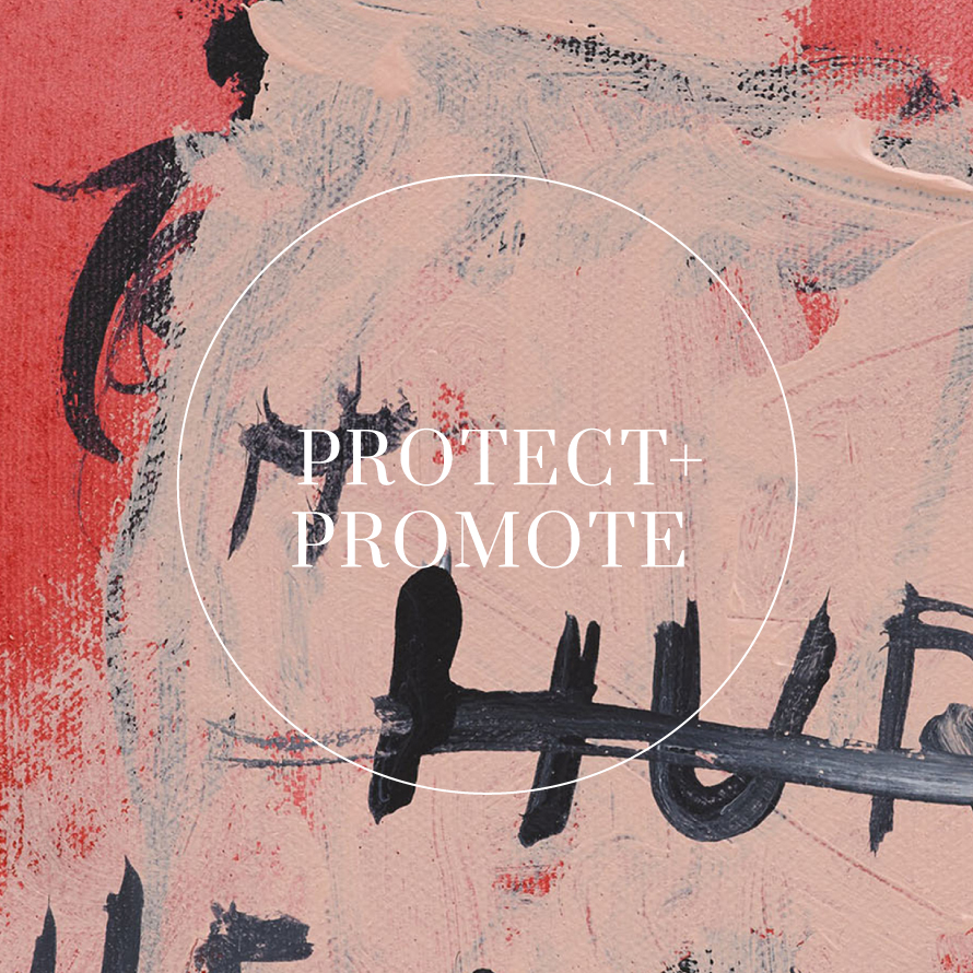 Protect + Promote tagline displayed in serif typeface and set on a painting